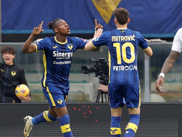 Hellas Verona's Tijjanni Noslin celebrates scoring their first goal on March 17, 2024