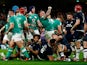 Ireland's Andrew Porter celebrates scoring their second try on March 16, 2024