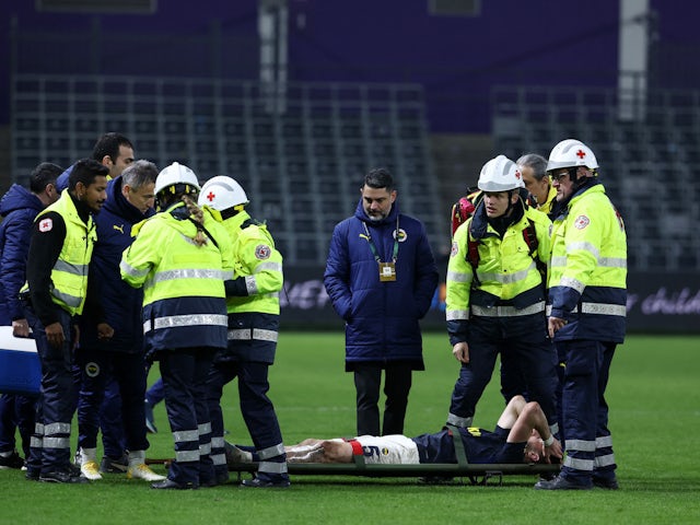 Fenerbahce's Ismail Yuksek is stretchered off after sustaining an injury on March 7, 2024