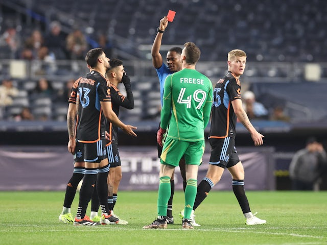 New York City FC midfielder Keaton Parks (55) receives a red card on March 17, 2024