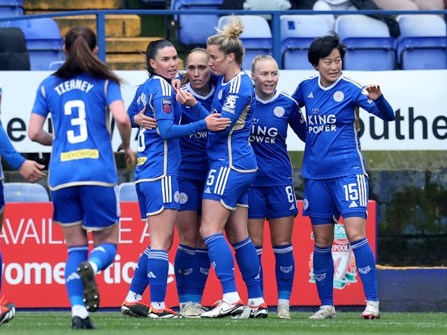 Leicester City Women's Jutta Rantala celebrates scoring their first goal with teammates on March 9, 2024