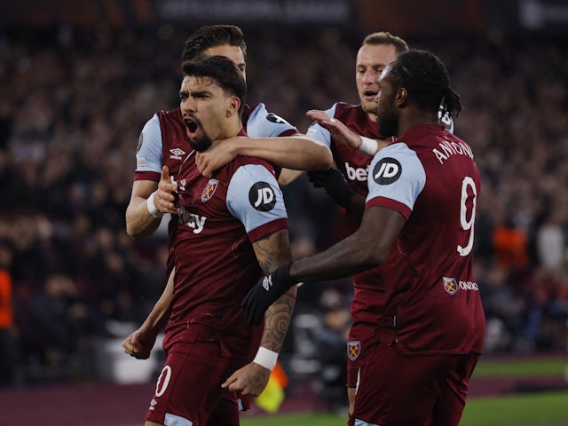 West Ham United's Lucas Paqueta celebrates scoring their first goal with teammates on March 14, 2024