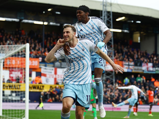 Nottingham Forest's Chris Wood celebrates scoring against Luton Town on March 16, 2024