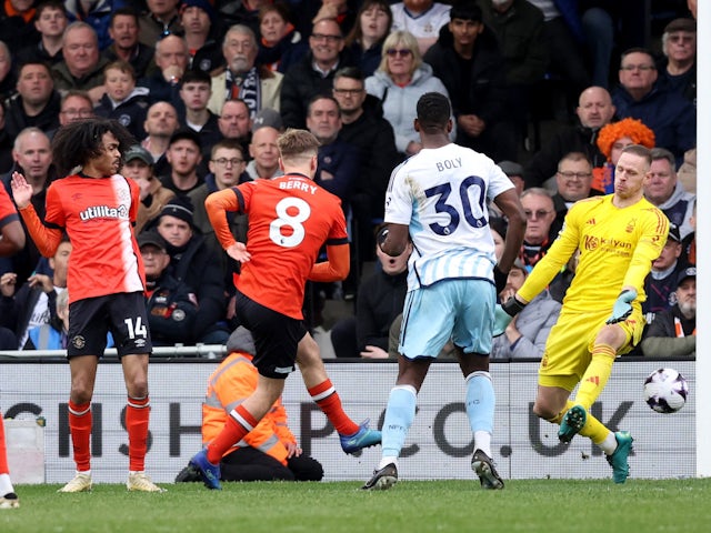 Luton Town's Luke Berry scores against Nottingham Forest on March 16, 2024