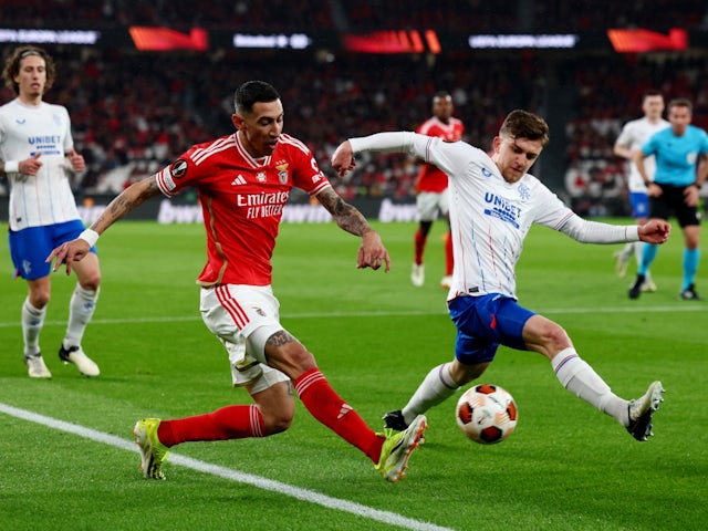 Rangers' Ridvan Yilmaz in action with Benfica's Angel Di Maria on March 7, 2024