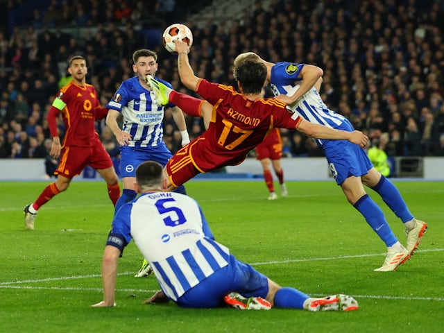 Roma's Sardar Azmoun in action with Brighton & Hove Albion's Jan Paul van Hecke on March 14, 2024