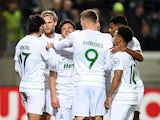 Sporting Lisbon's Pedro Goncalves celebrates scoring their first goal with teammates on March 14, 2024