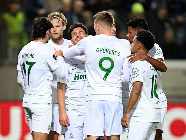 Sporting Lisbon's Pedro Goncalves celebrates scoring their first goal with teammates on March 14, 2024