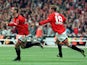 Eric Cantona celebrates scoring for Manchester United against Liverpool in the FA Cup final on May 11, 1996