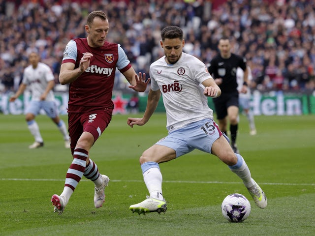 West Ham United's Vladimir Coufal in action with Aston Villa's Alex Moreno on March 17, 2024