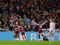 Aston Villa Women's Ebony Salmon celebrates scoring their first goal with teammates on March 24, 2024