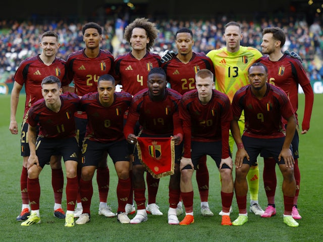 Belgium players pose for a team group photo before the match on March 23, 2024