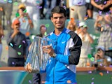 Carlos Alcaraz with the championship trophy after winning the Indian Wells final on March 17, 2024