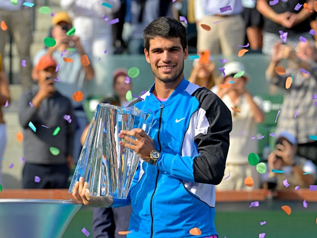 Carlos Alcaraz with the championship trophy after winning the Indian Wells final on March 17, 2024