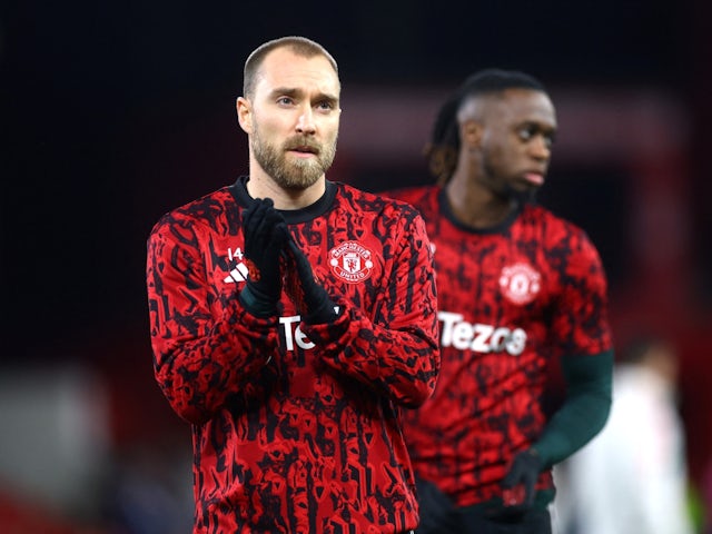 Manchester United's Christian Eriksen during the warm up before the match on December 30, 2023