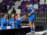 Iceland's Albert Gudmundsson celebrates scoring their fourth goal with teammates on March 21, 2024