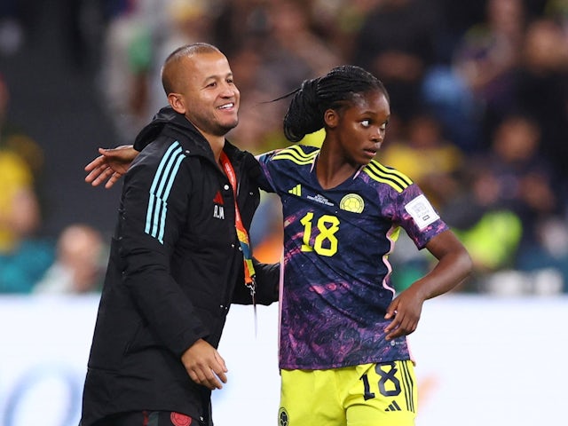 Colombia's Linda Caicedo celebrates scoring their first goal with coach Angelo Marsiglia on July 30, 2023