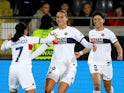 Paris Saint-Germain Women's (PSG women) Eva Gaetino celebrates scoring their first goal with Sakina Karchaoui and Elisa De on March 20, 2024