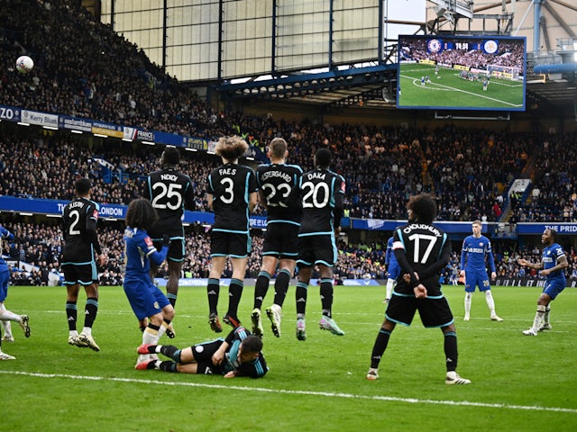 Raheem Sterling miscues a free kick for Chelsea on March 17, 2024.