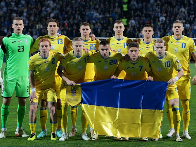 Ukraine players pose for a team group photo before the match on March 21, 2024