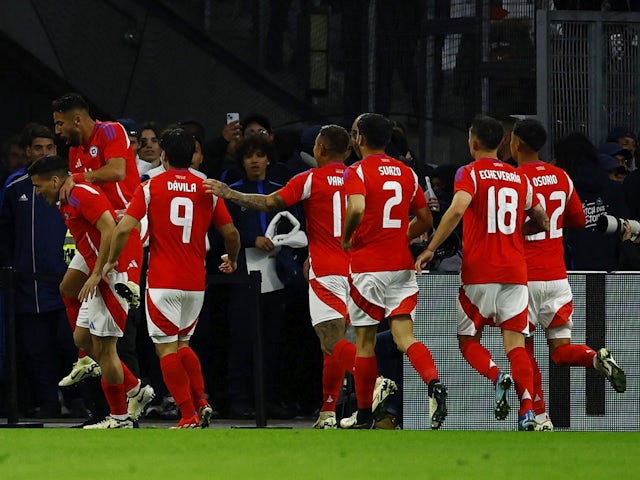 Chile's Marcelino Nunez celebrates scoring their first goal with teammates on March 26, 2024