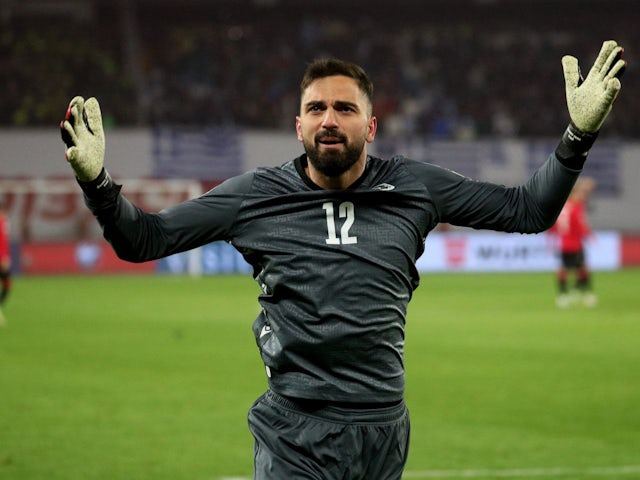 Georgia's Giorgi Mamardashvili celebrates during the penalty shootout on March 26, 2024