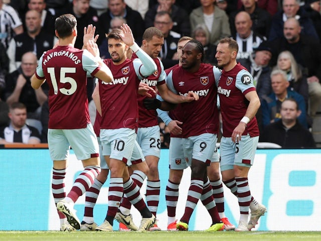 West Ham United's Michail Antonio celebrates scoring their first goal with teammates on March 30, 2024