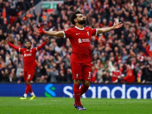 Liverpool's Mohamed Salah celebrates scoring their second goal on March 31, 2024