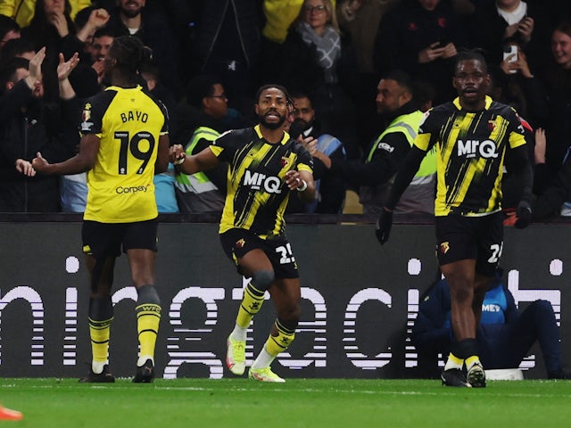 Watford's Bayo Youssouf celebrates scoring their first goal with teammates on March 29, 2024