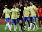 Brazil's Yan Couto, Galeno, Wendell and Lucas Paqueta react after referee Antonio Nobre awarded Spain a penalty on March 26, 2024