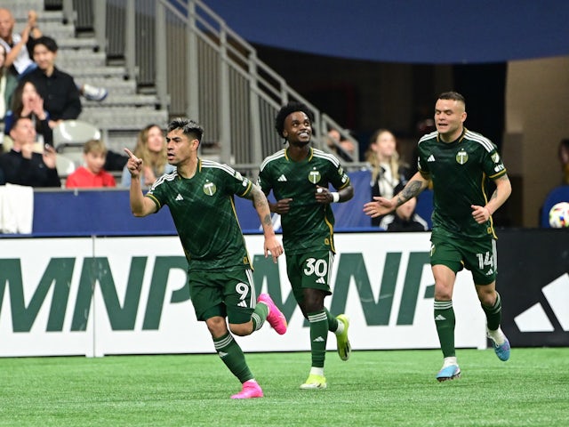 Felipe Mora celebrates his goal for the Portland Timbers against the Vancouver Whitecaps on March 31, 2024