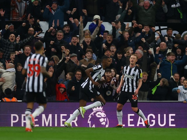 Newcastle United's Alexander Isak celebrates scoring their first goal on April 2, 2024