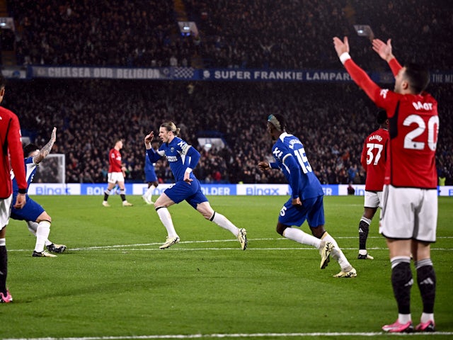 Chelsea's Conor Gallagher celebrates scoring against Manchester United on April 4, 2024
