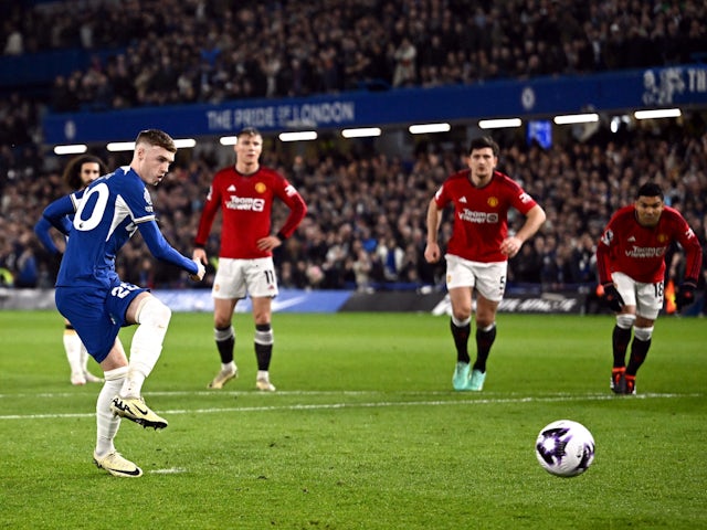 Chelsea's Cole Palmer scores against Manchester United on April 4, 2024