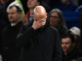 Manchester United manager Erik ten Hag looks dejected after Chelsea are awarded a penalty on April 4, 2024