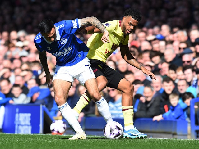 Everton's Dwight McNeil in action with Burnley's Lyle Foster on April 6, 2024