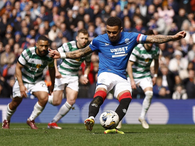 Rangers' James Tavernier scores their first goal from the penalty spot on April 7, 2024