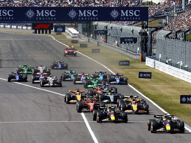 Max Verstappen leads at the first corner of the Japanese Grand Prix on April 7, 2024.