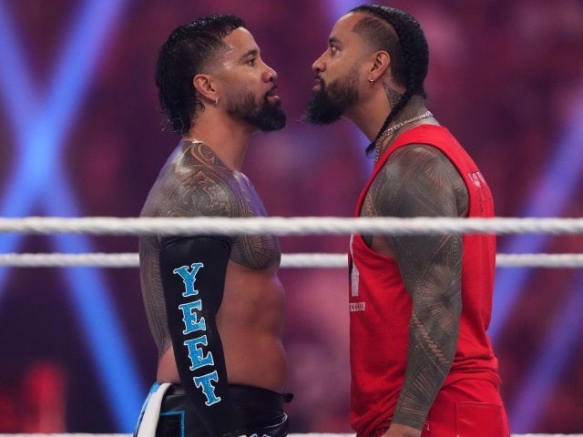 Jey Uso (left) and Jimmy Uso face off during the Men's Royal Rumble match at Tropicana Field on January 27, 2024