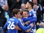 Leicester City's Jamie Vardy celebrates scoring their third goal with teammates on April 1, 2024