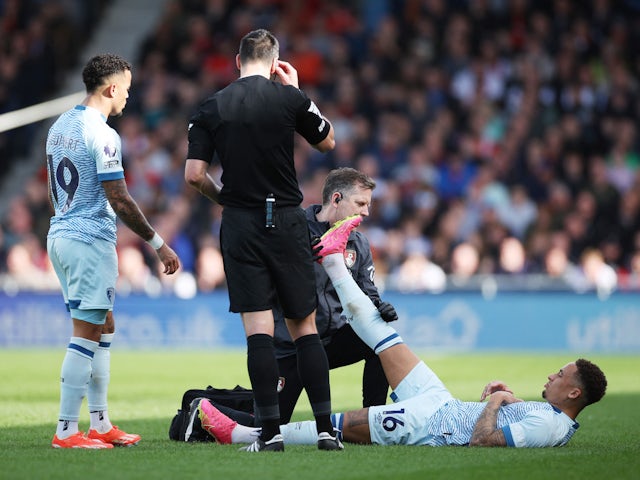 Bournemouth's Marcus Tavernier receives medical attention after sustaining an injury before being substituted on April 6, 2024