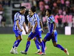 Monterrey midfielder Jorge Rodriguez (30) celebrates with teammates on April 4, 2024