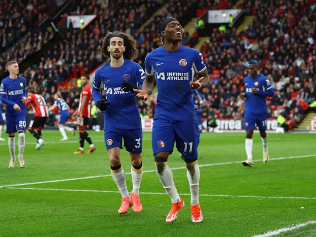 Chelsea winger Noni Madueke celebrates scoring against Sheffield United on April 7, 2024.