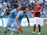 Lazio's Senad Lulic celebrates after scoring against Roma in the Coppa Italia final on May 26, 2013