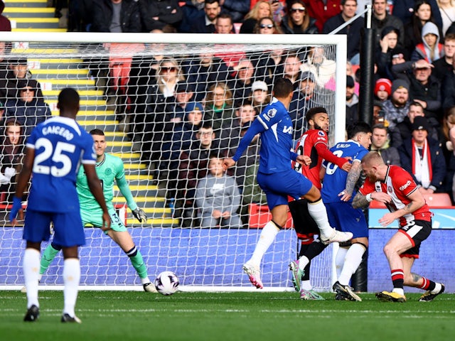 Chelsea defender Thiago Silva scores against Sheffield United on April 7, 2024.