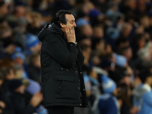 Aston Villa manager Unai Emery looks dejected after Manchester City scores their third goal on April 3, 2024