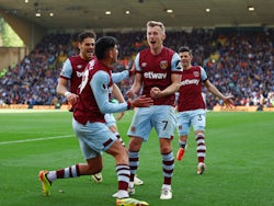 West Ham United's James Ward-Prowse celebrates scoring their second goal on April 6, 2024