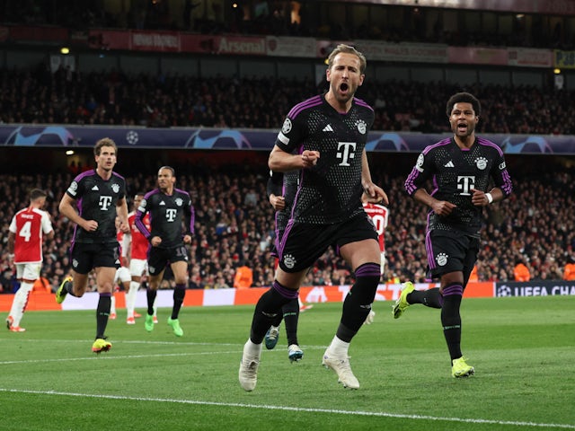 Bayern Munich's Harry Kane celebrates scoring their second goal on April 9, 2024
