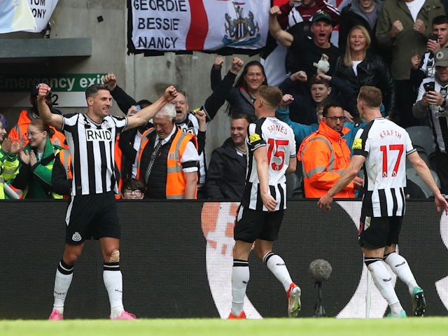 Newcastle United's Fabian Schar celebrates scoring their fourth goal  on April 11, 2024