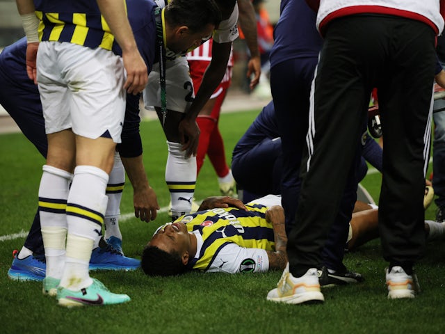 Fenerbahce's Jayden Oosterwolde receives medical attention after sustaining an injury on April 11, 2024